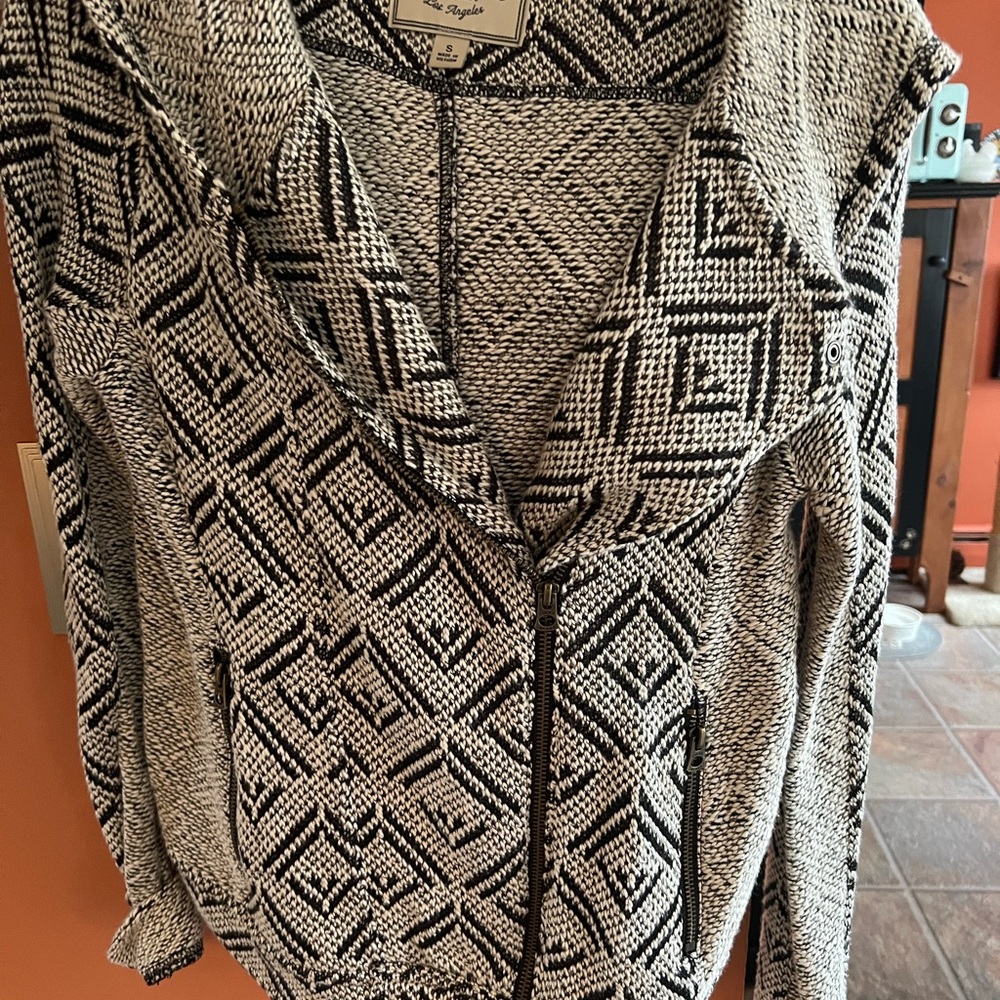 Lucky Brand Black and White Bomber Jacket with Geometric Pattern